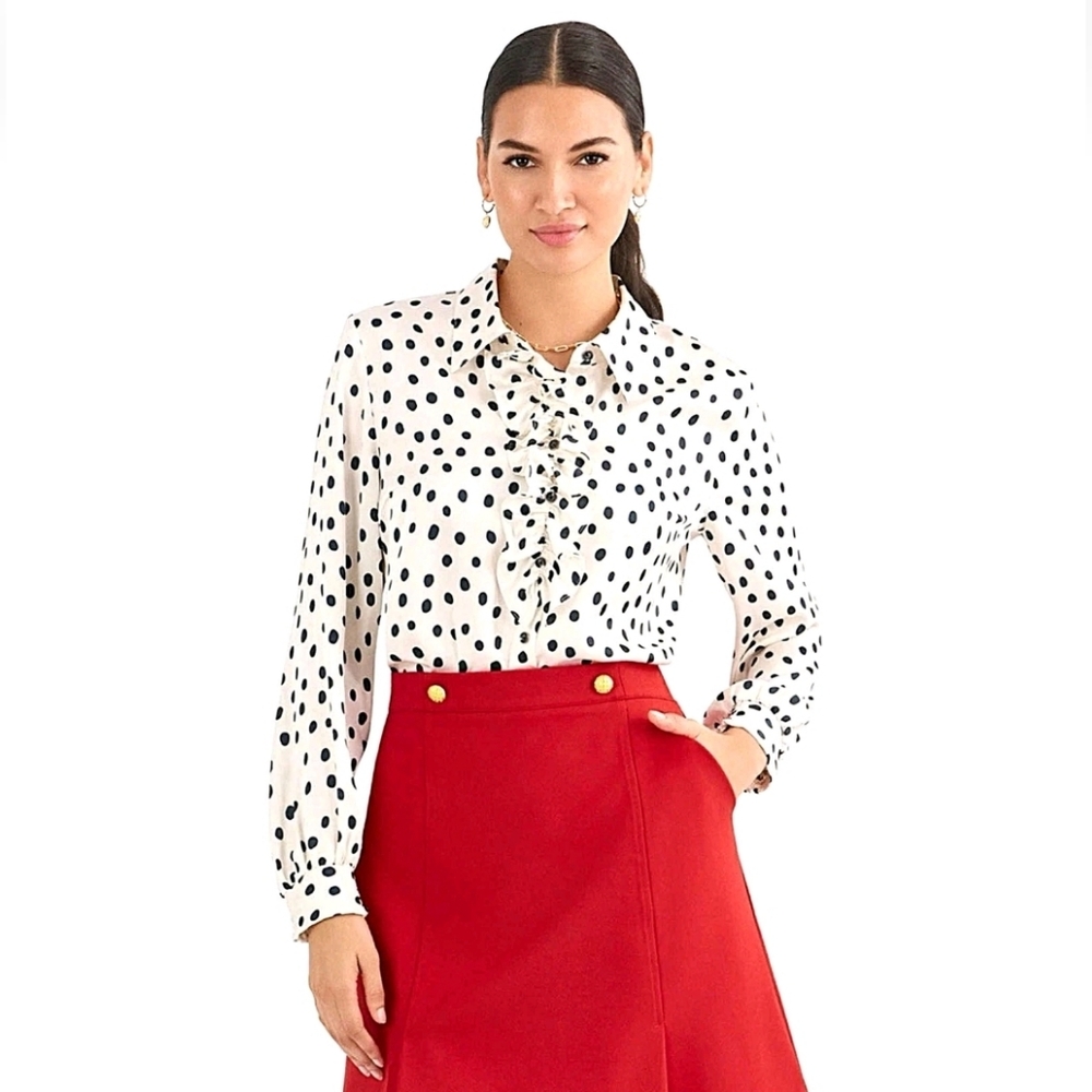 Cabi Silky Satin Polka Dot Ruffle Front Charming Blouse Large Nwt New 6709